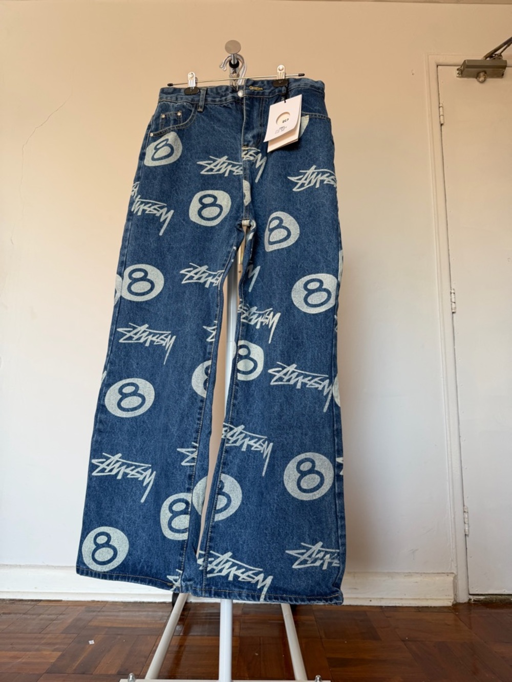 Men’s Blue Denim Bootcut Jeans - Logo Print